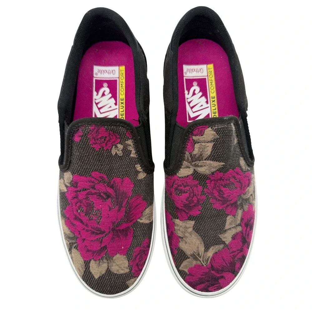 Vans Asher Slip On Shoes Women 8 Black Pink Floral Excellent Rose Deluxe Comfort